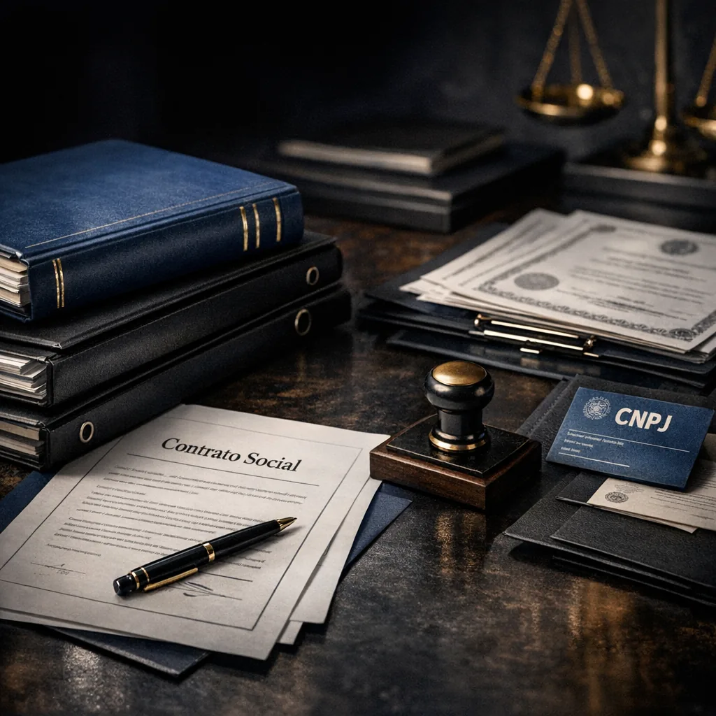 Mesa escura com contratos e registros societários
