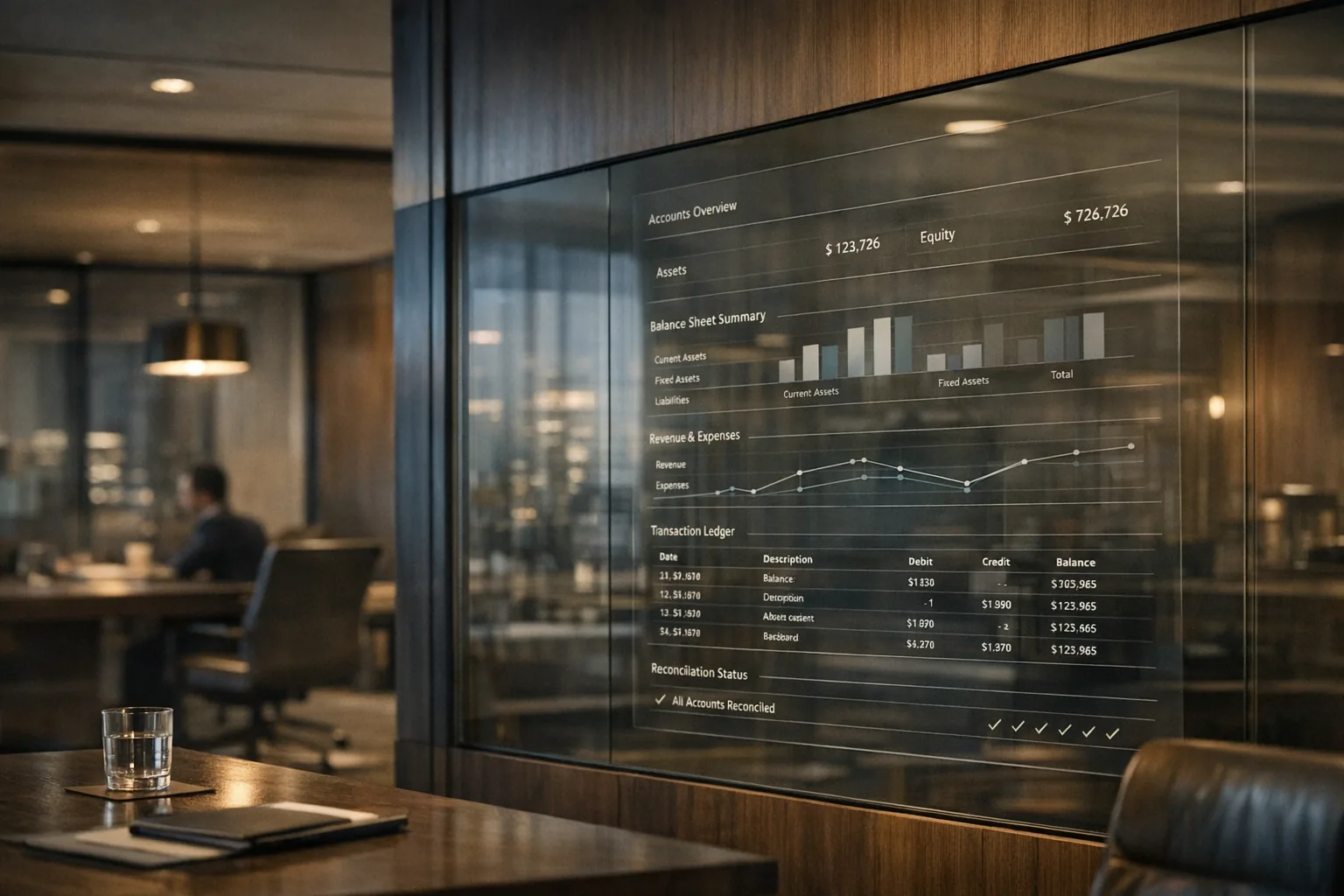 Ambiente corporativo sofisticado com painel de vidro integrado exibindo dados financeiros